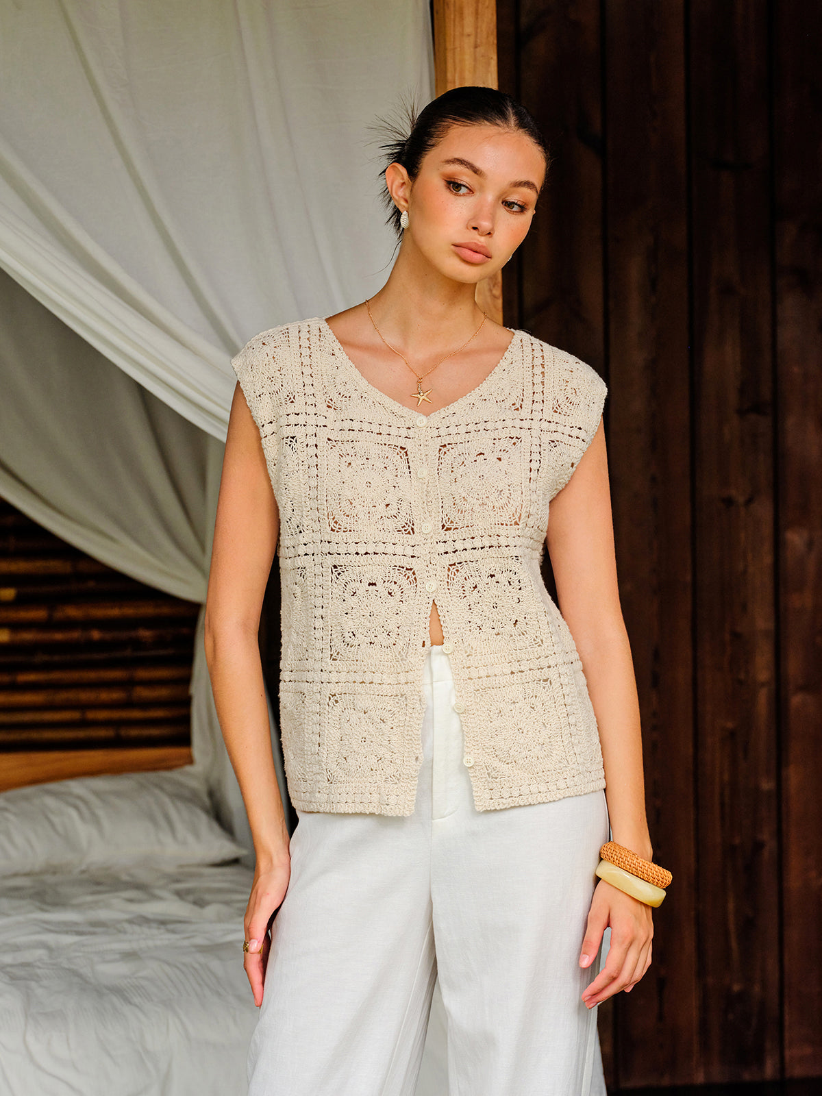 Cotton Crochet Knit Buttoned Top