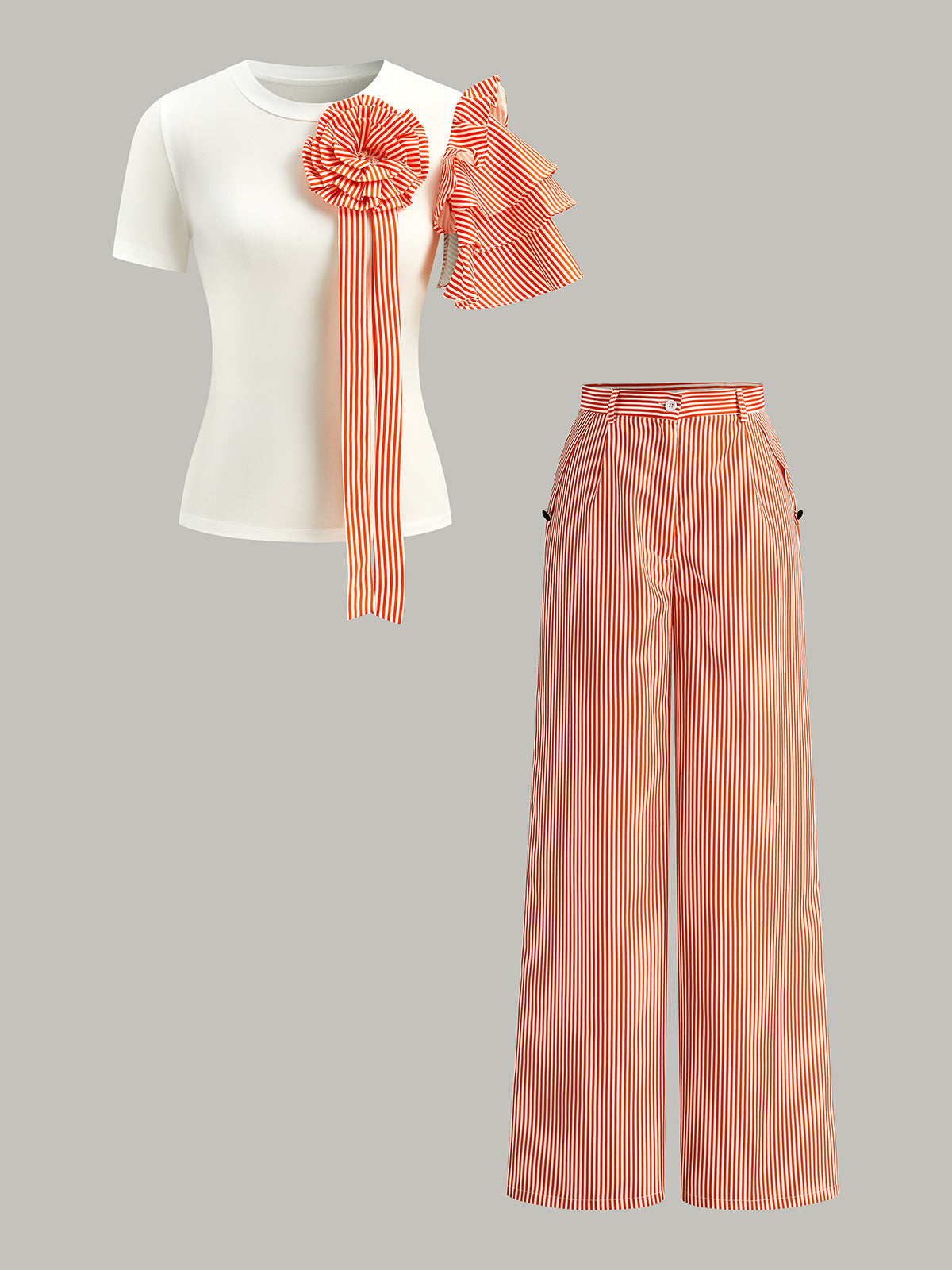 Ensemble top et pantalon rayé avec détail rosette
