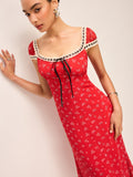 Floral Print Midi Dress with Lace Trim