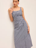 Sleeveless Gingham Dress With Asymmetric Pleats