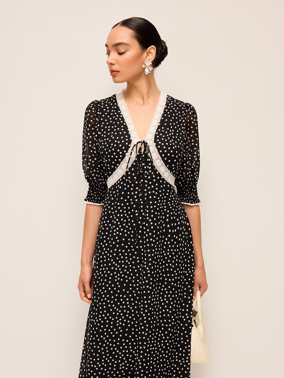 Semi-Sheer Polka Dot Chiffon Dress With Lace Trim