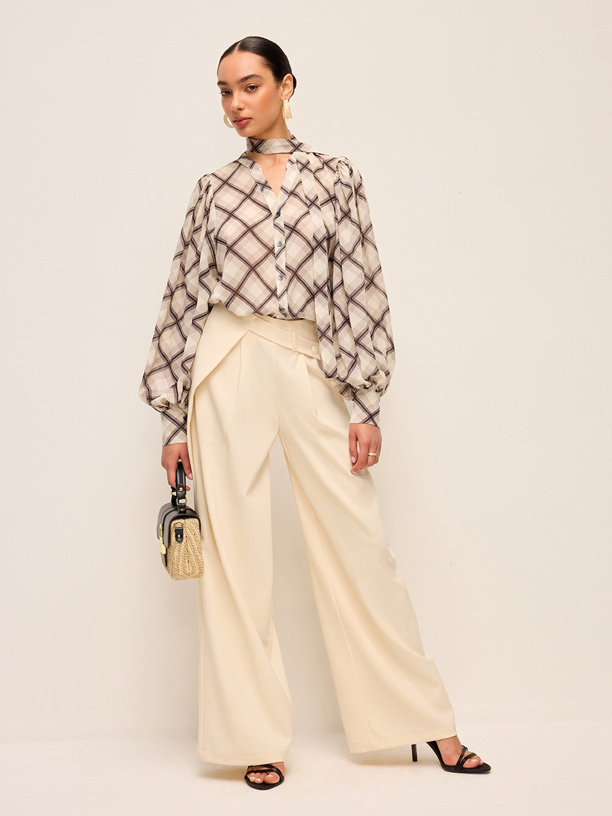 Long-Sleeve Plaid Chiffon Shirt With Neck-Tie Detail