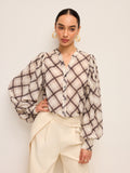 Langärmliges kariertes Chiffon-Hemd mit Nackenbindedetail