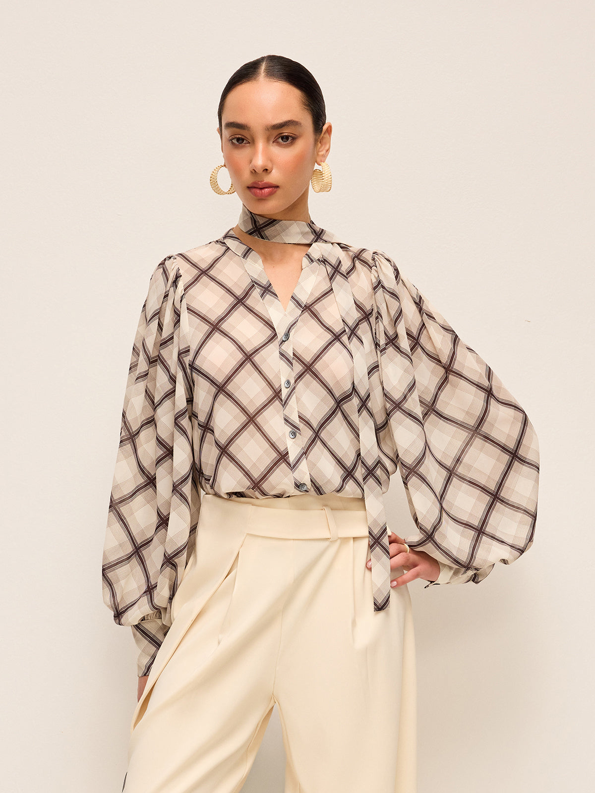 Long-Sleeve Plaid Chiffon Shirt With Neck-Tie Detail