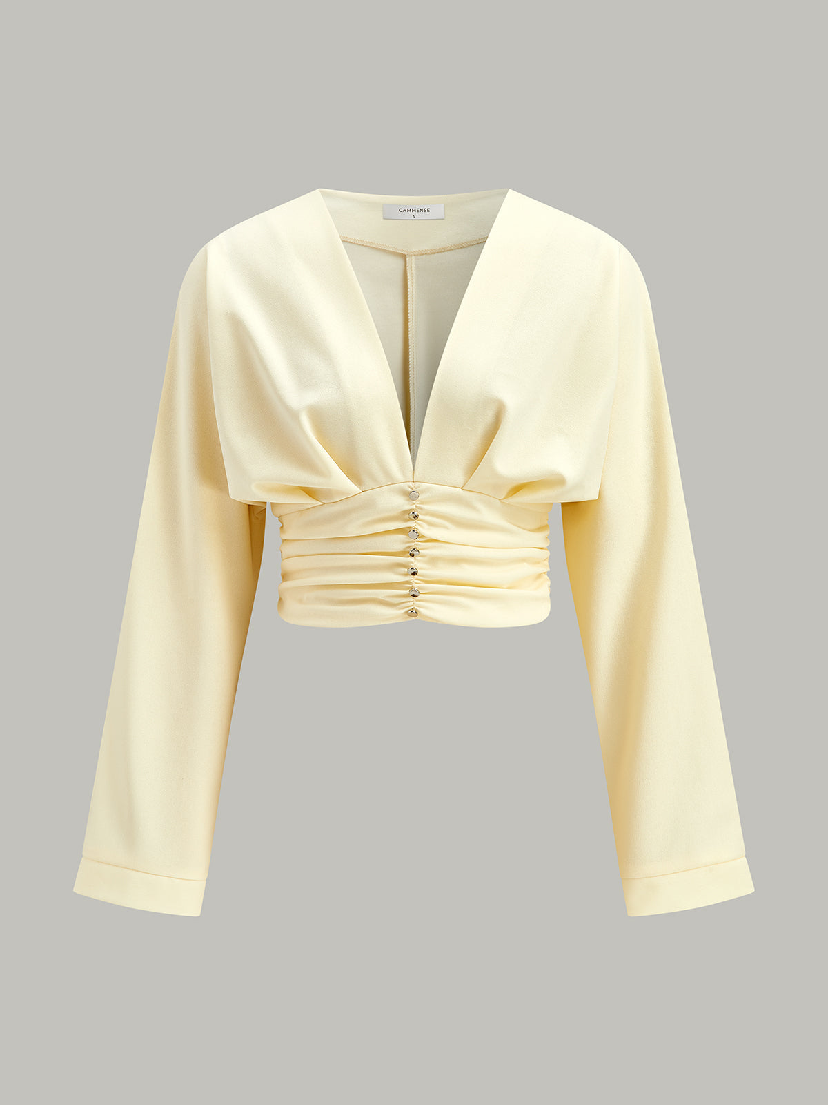 V-Neck Ruched Waist Decor Button Crop Blouse