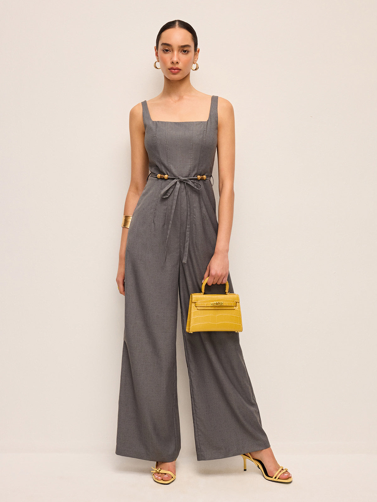 Square Neck Belted Jumpsuit With Beaded Waist Tie