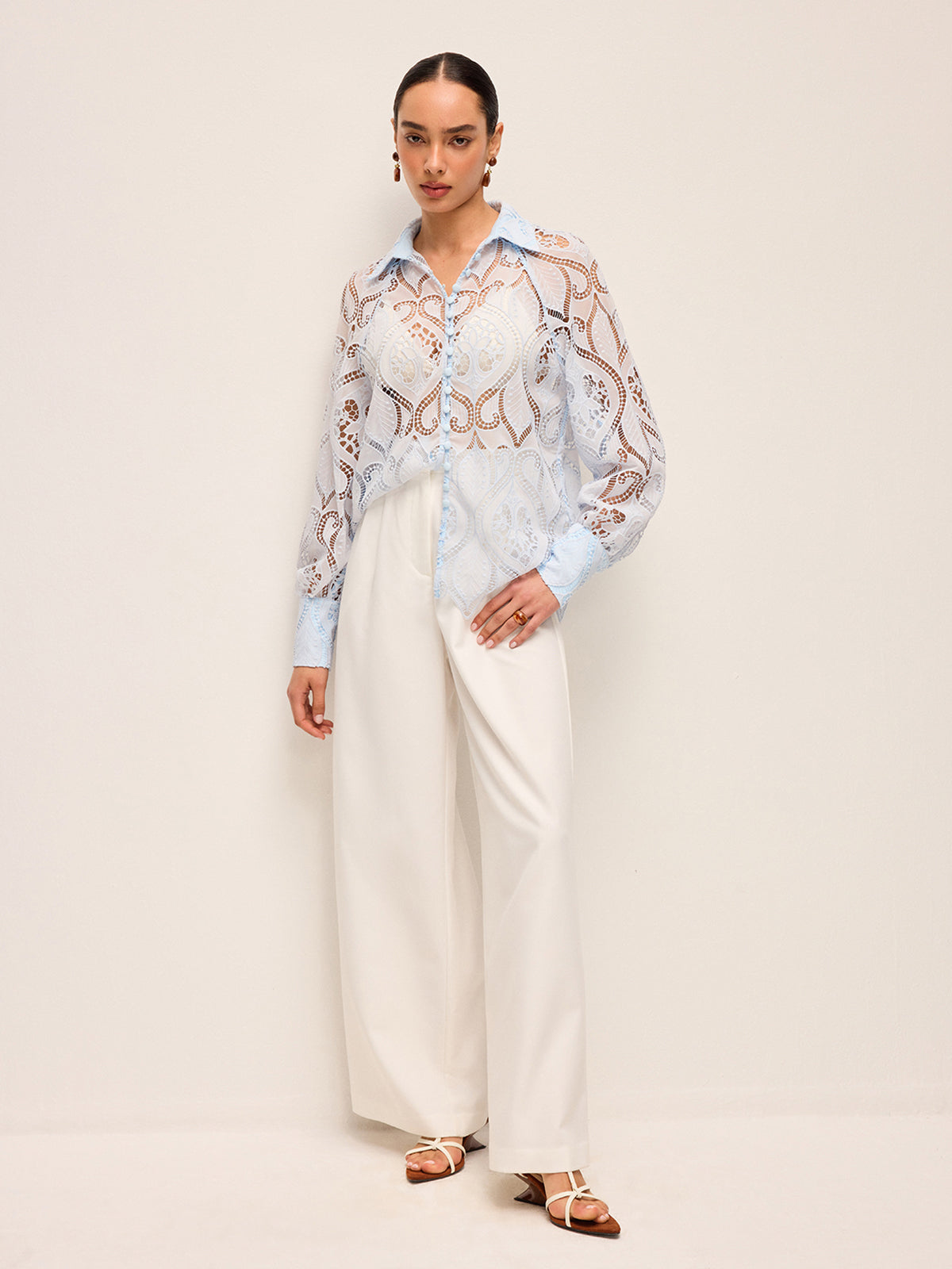 Sheer Lace Blouse With Cloth Button