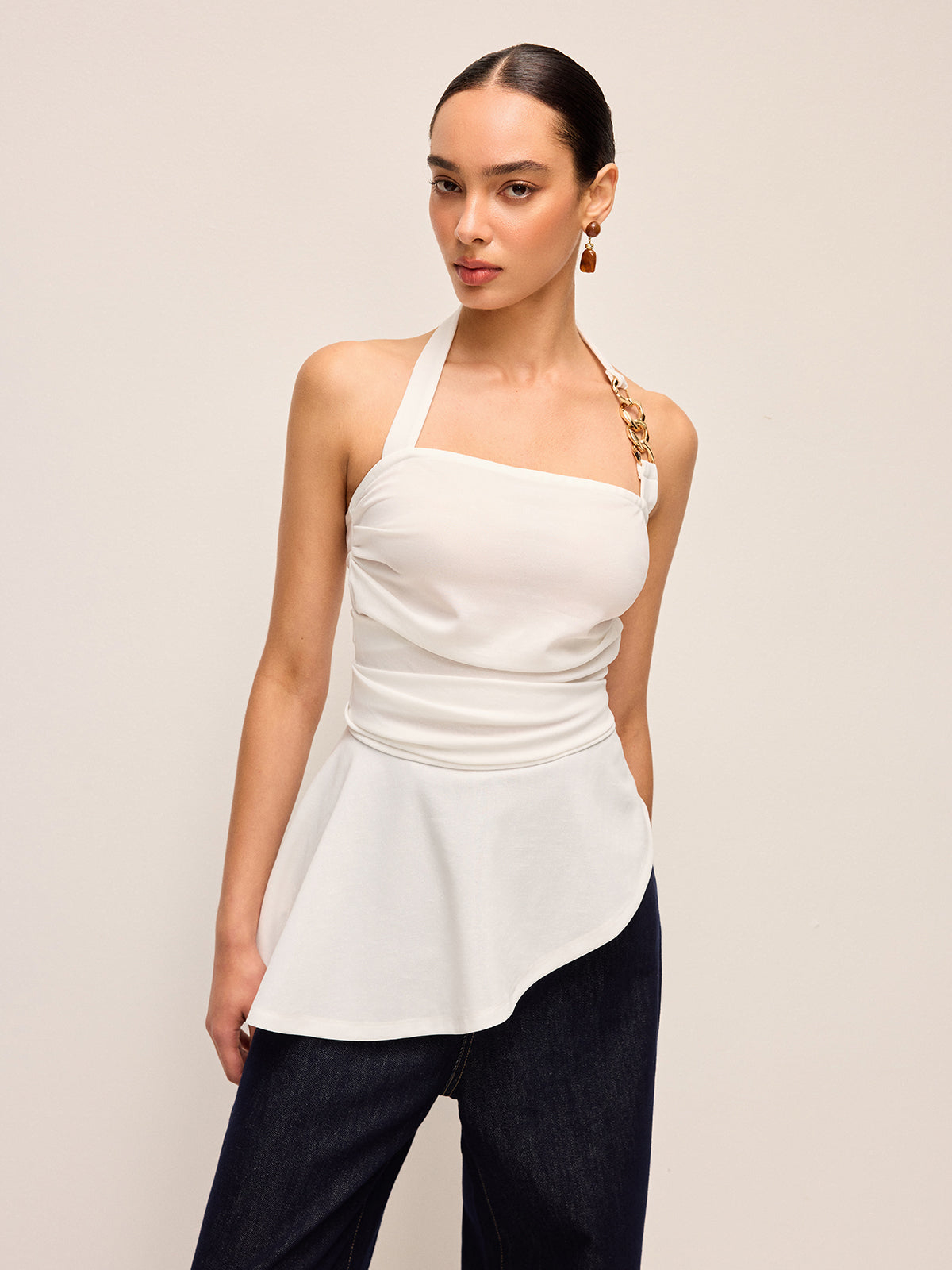 Halter Neck Peplum Top With Chain Detail
