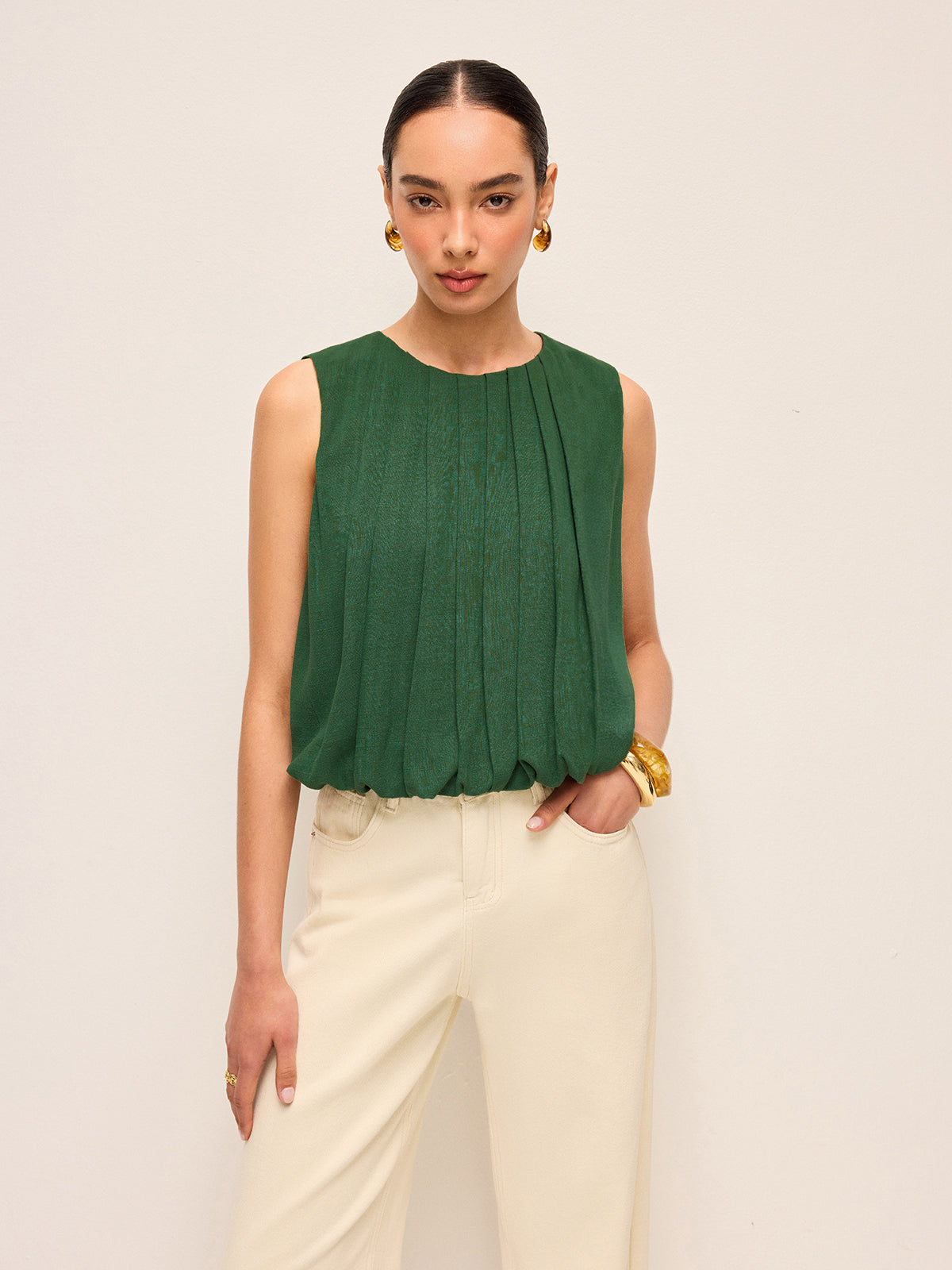 Haut sans manches plissé en coton et lin 