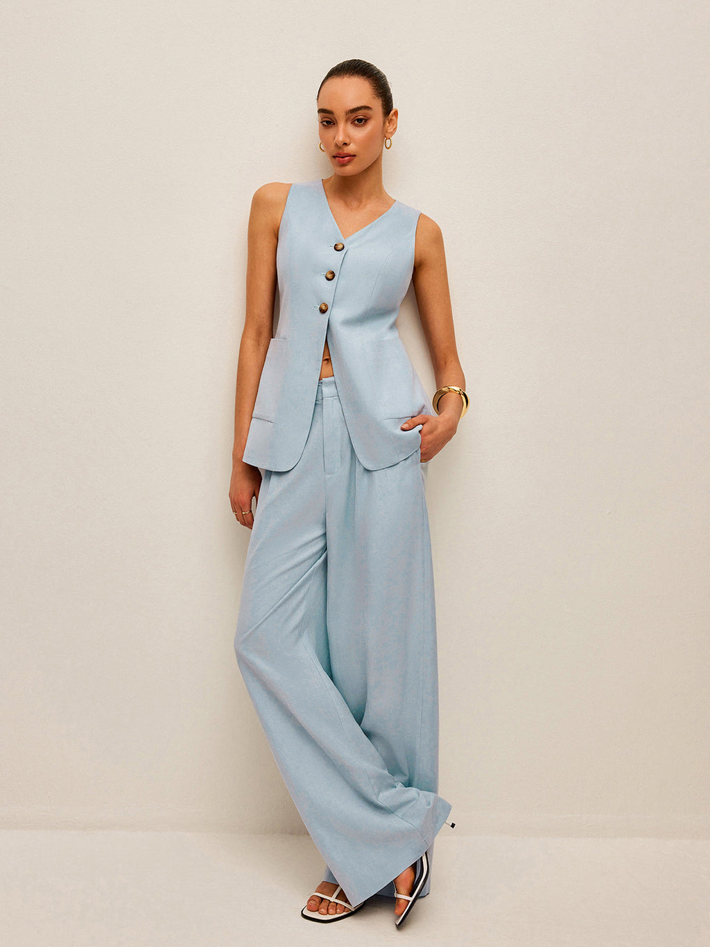 Ensemble gilet à nouer et pantalon en coton et lin