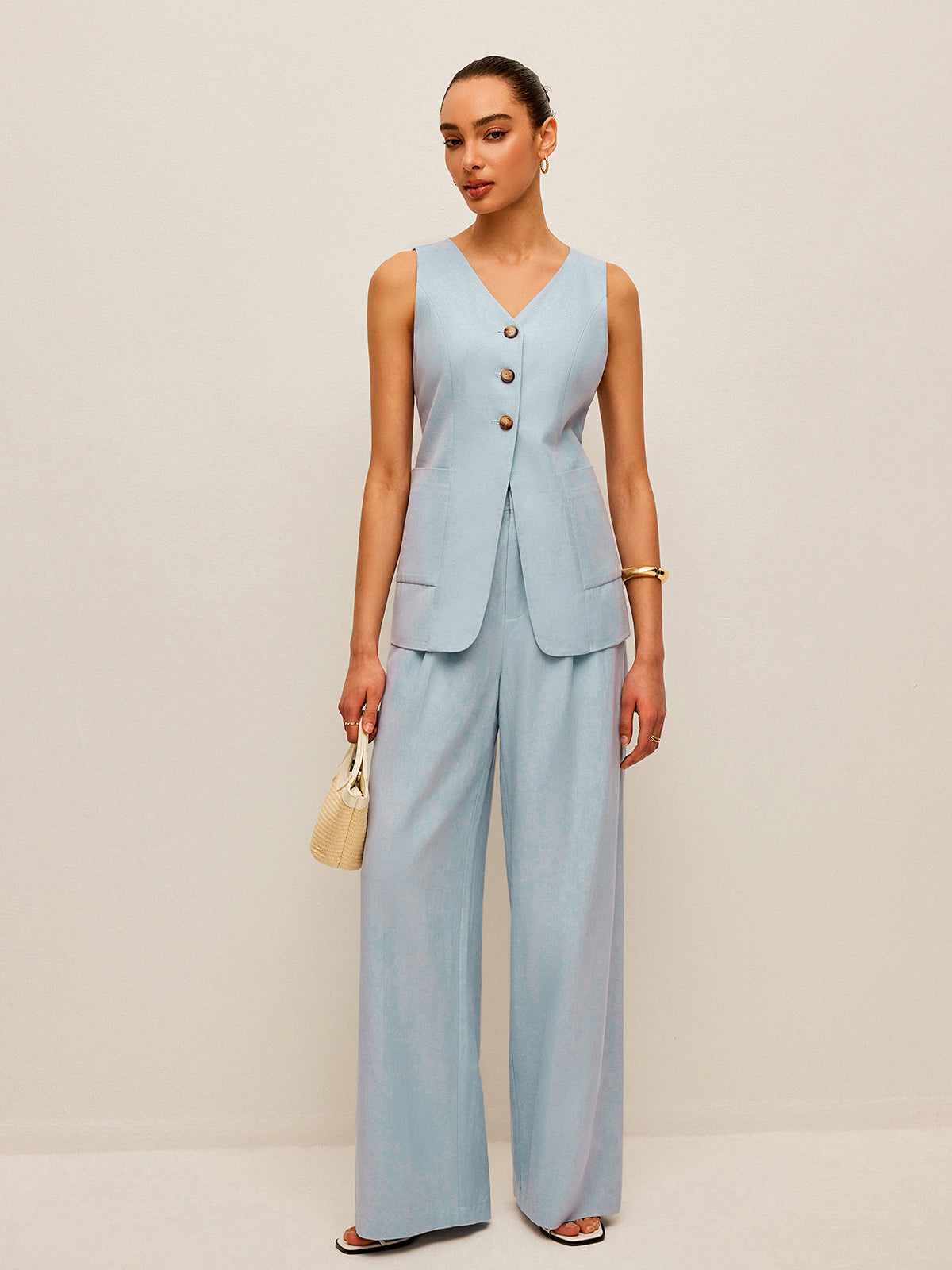 Cotton & Linen Tie-Back Vest With Pants Set