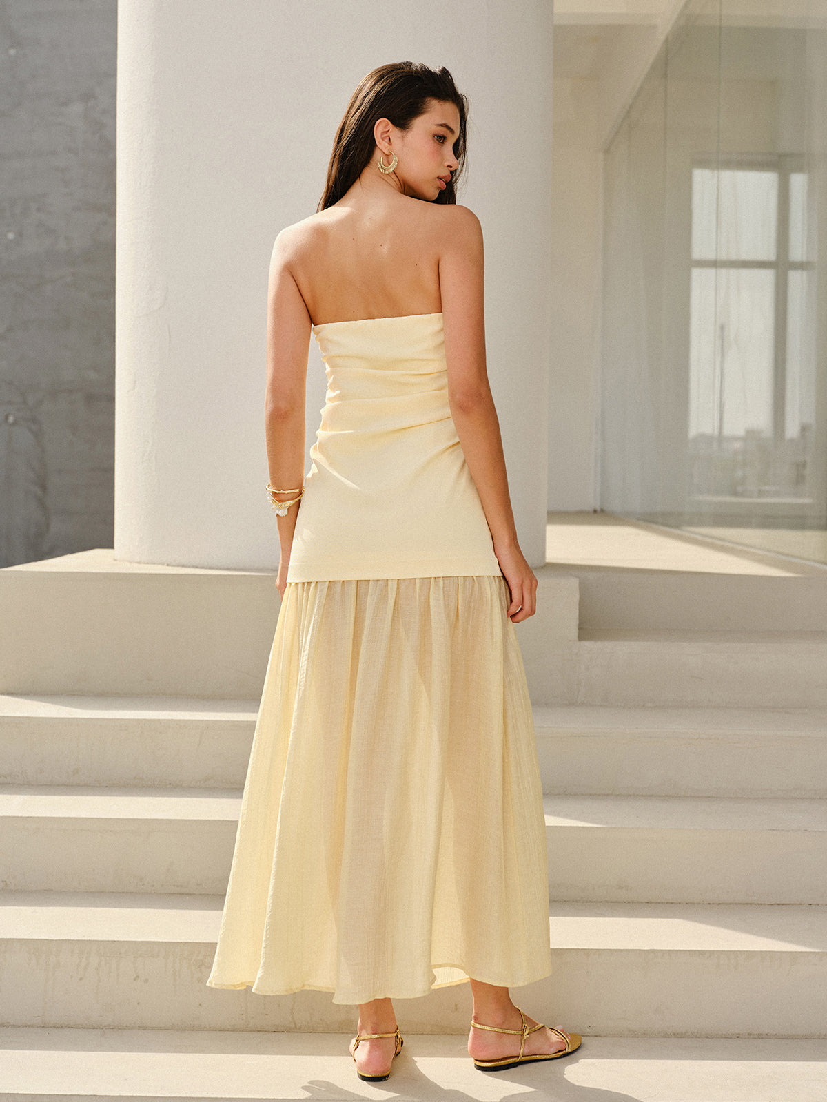 Semi-Sheer Strapless Ruched Maxi Dress