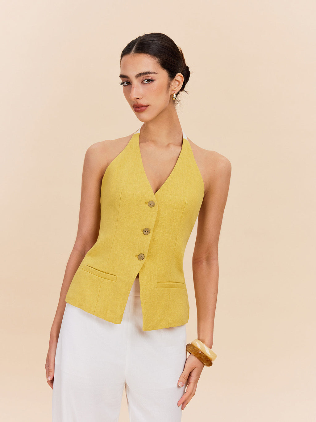 Baumwoll-Leinen-Neckholder-Top mit Ziertasche
