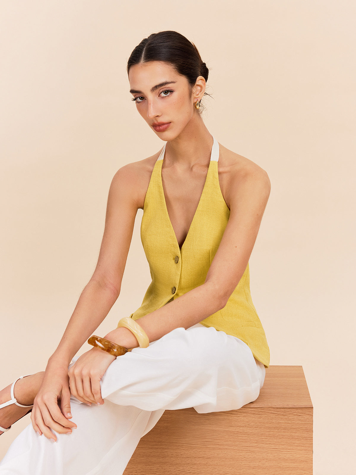 Cotton & Linen Halter Top With Decor Pocket