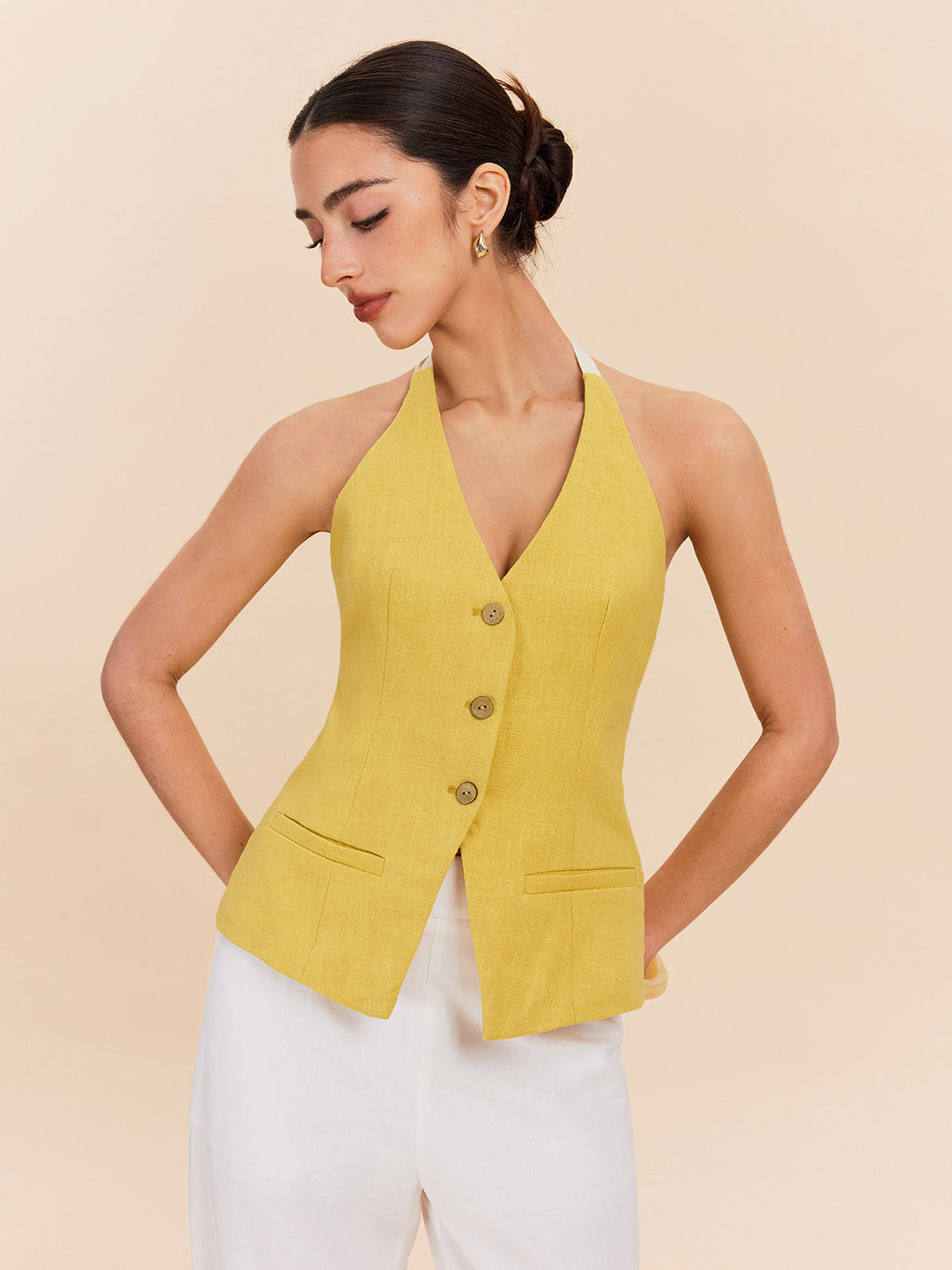 Baumwoll-Leinen-Neckholder-Top mit Ziertasche