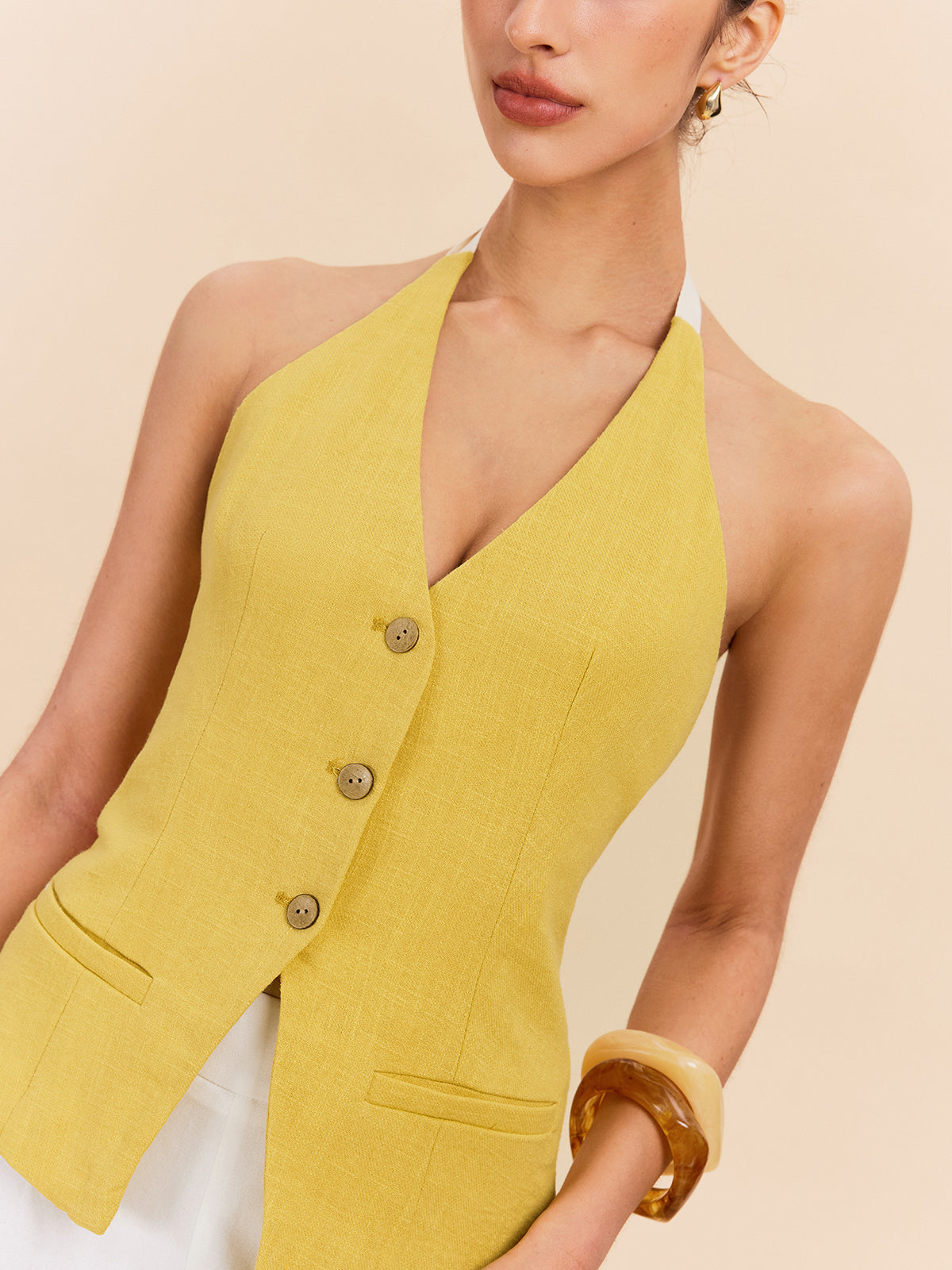 Baumwoll-Leinen-Neckholder-Top mit Ziertasche