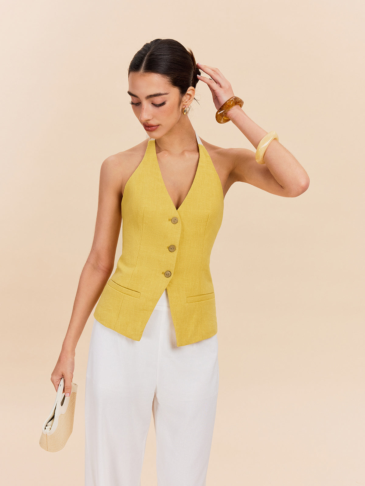 Baumwoll-Leinen-Neckholder-Top mit Ziertasche