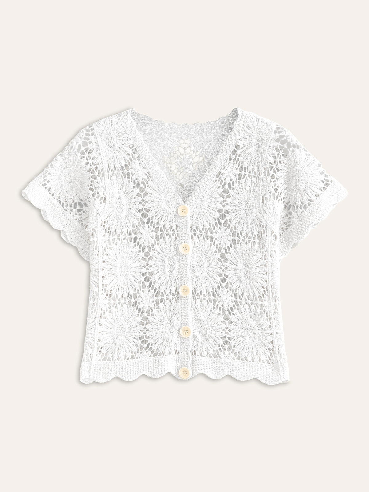 Gehäkelte Strickjacke mit Blumenmuster und Knopfleiste 