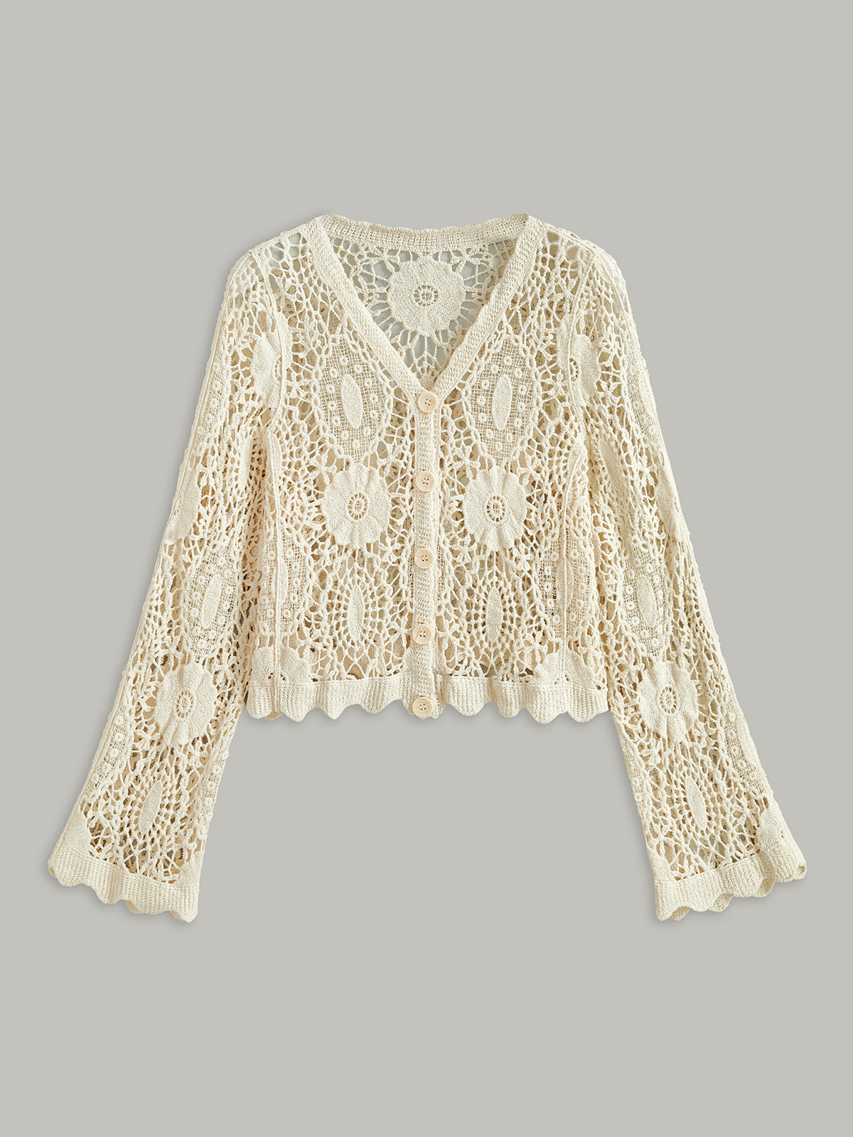 Gehäkelte Spitzenstrickjacke mit Knöpfen