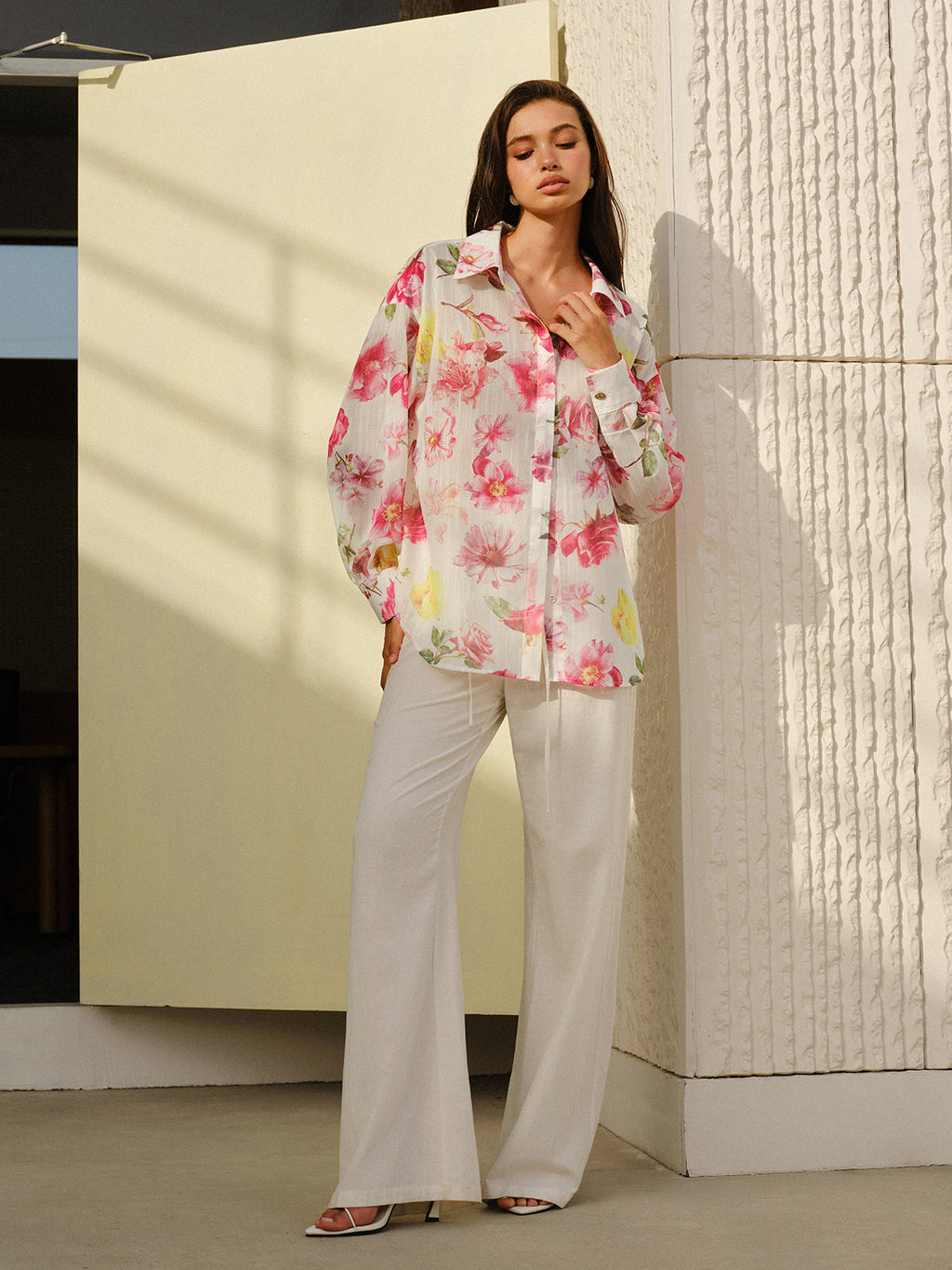 Semi-Sheer Floral Print Long-Sleeve Button Shirt