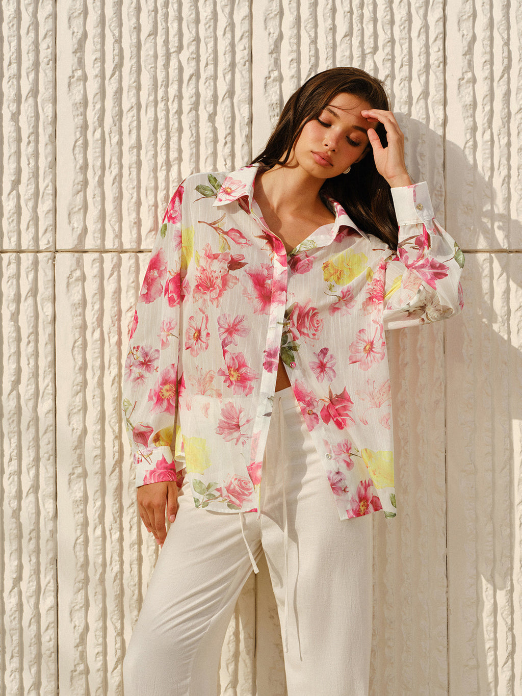 Semi-Sheer Floral Print Long-Sleeve Button Shirt
