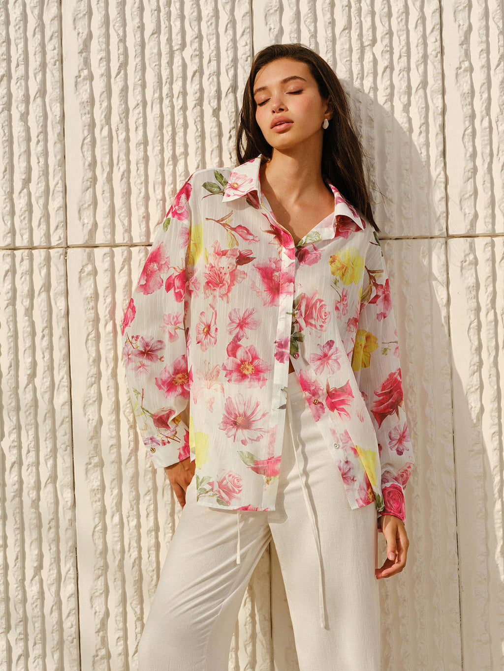 Semi-Sheer Floral Print Long-Sleeve Button Shirt