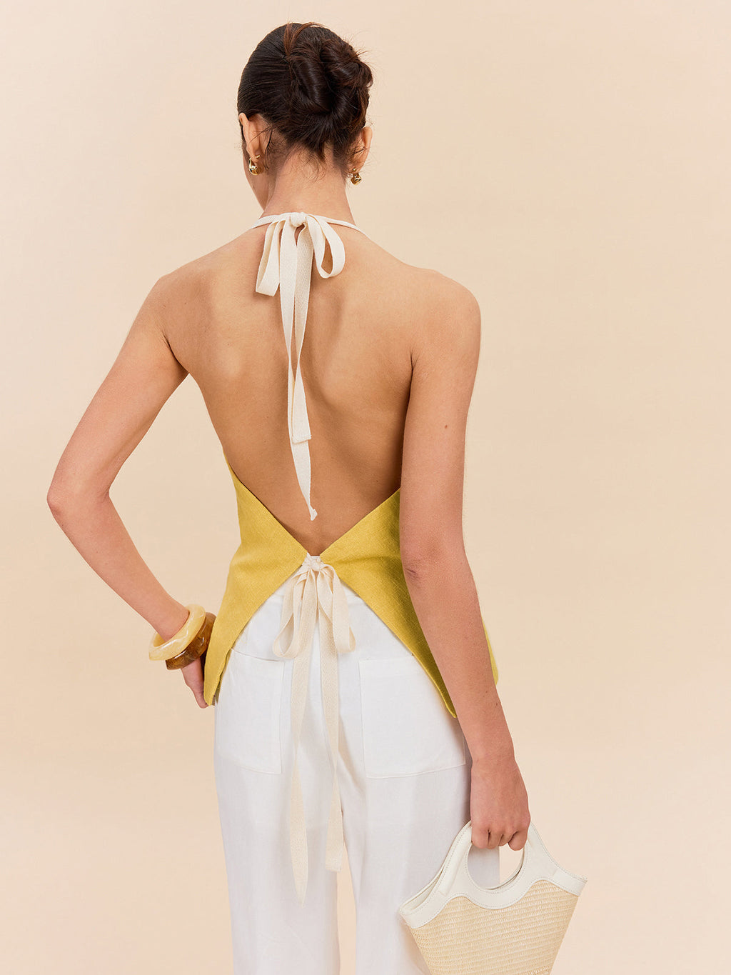 Baumwoll-Leinen-Neckholder-Top mit Ziertasche