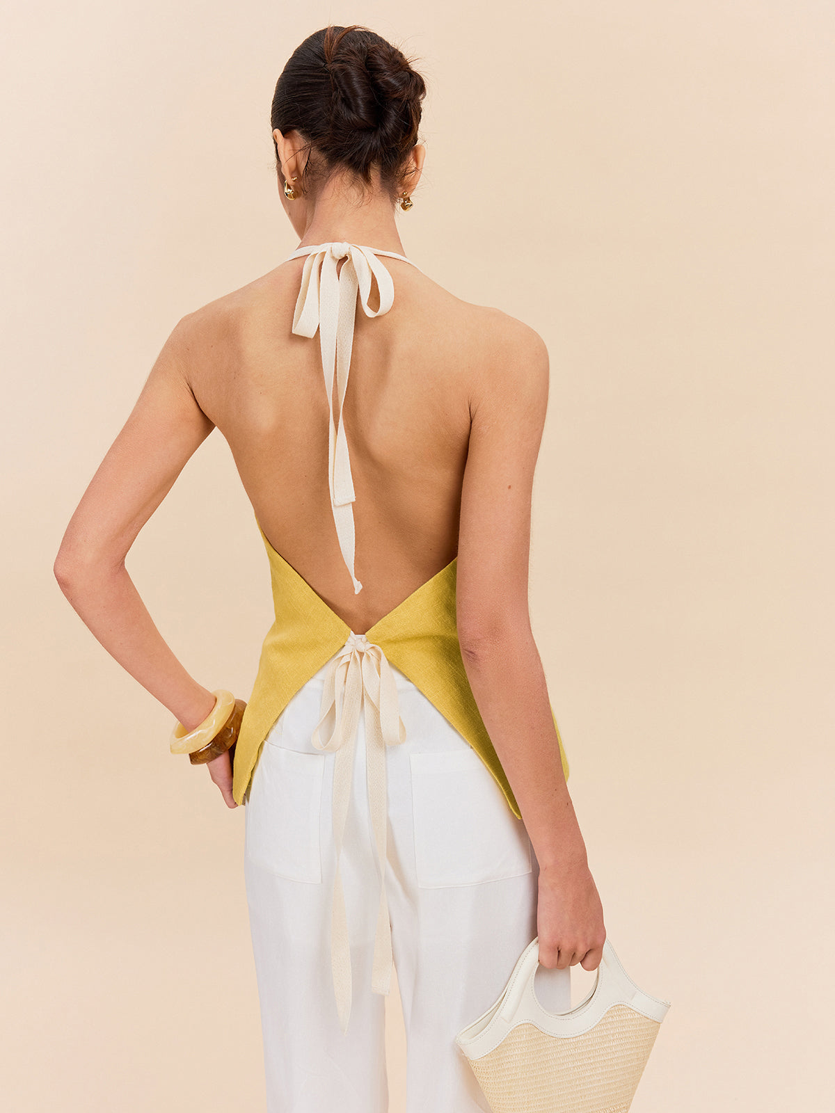 Cotton & Linen Halter Top With Decor Pocket