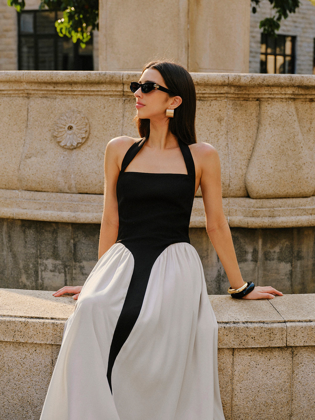 Robe en mélange de lin à encolure dos nu color block