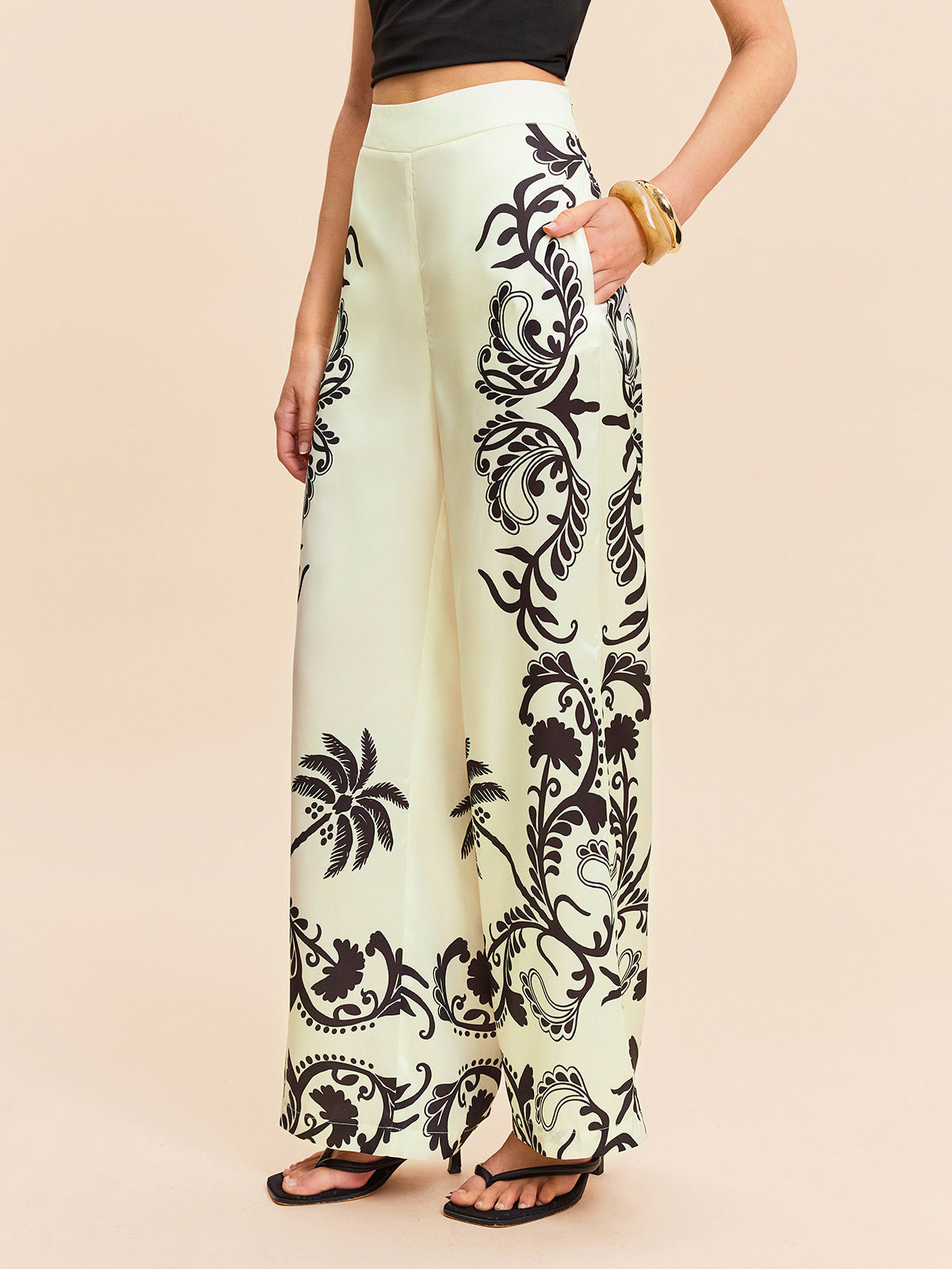 High-Waist Tropical Print Satin Pants