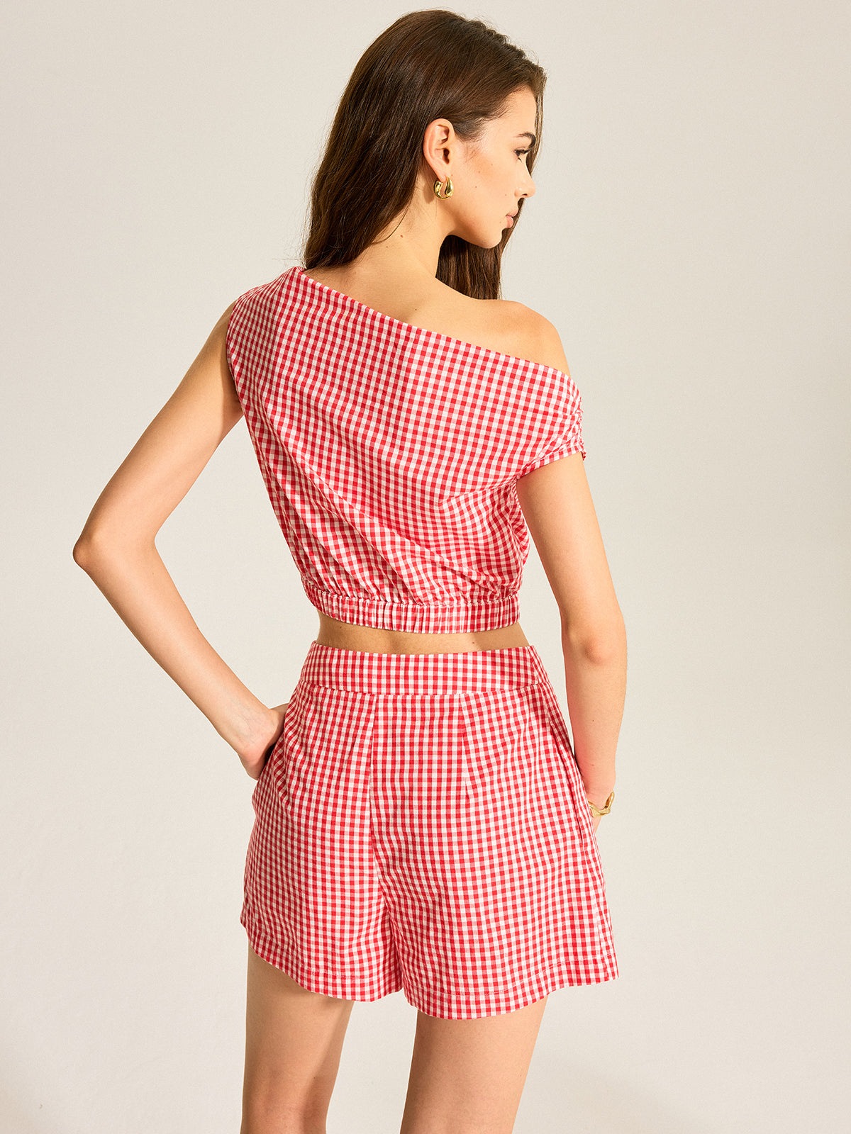 Gingham One-Shoulder Top and Shorts Set