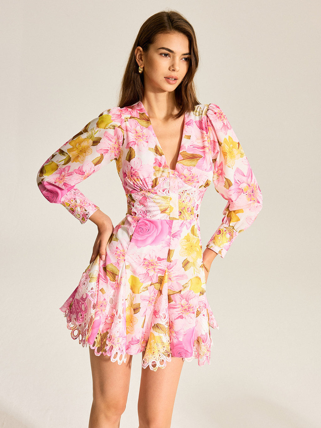 Floral Print V-Neck Dress With Eyelet Detail