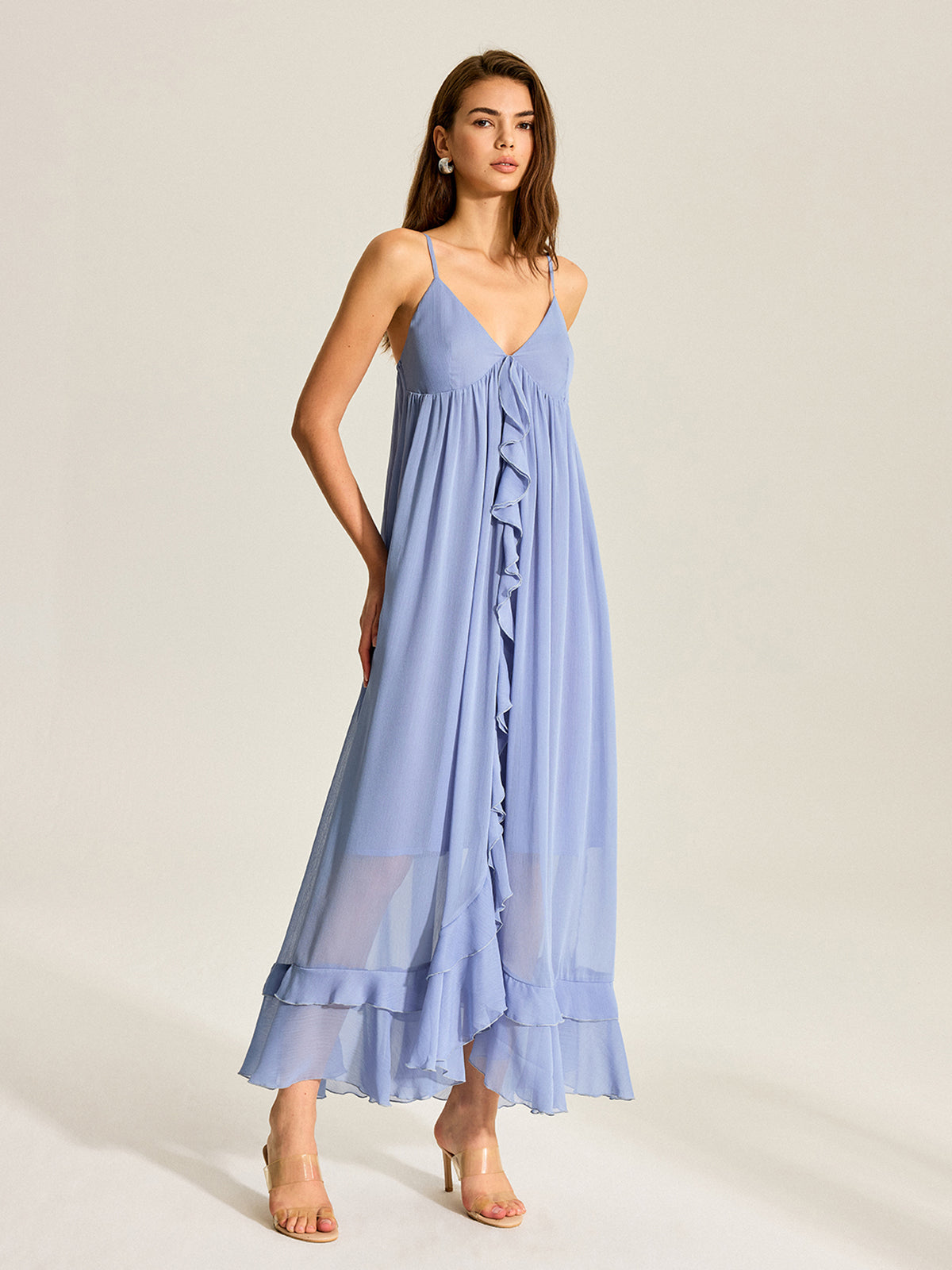 Semi-Sheer Cape Two-Piece Ruffled Chiffon Dress