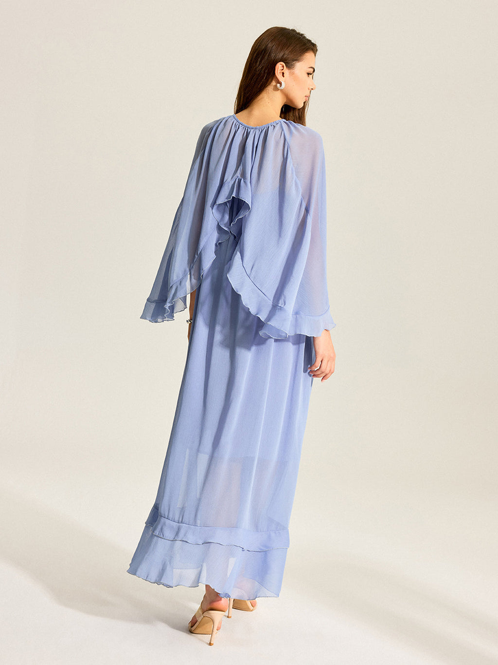 Semi-Sheer Cape Two-Piece Ruffled Chiffon Dress