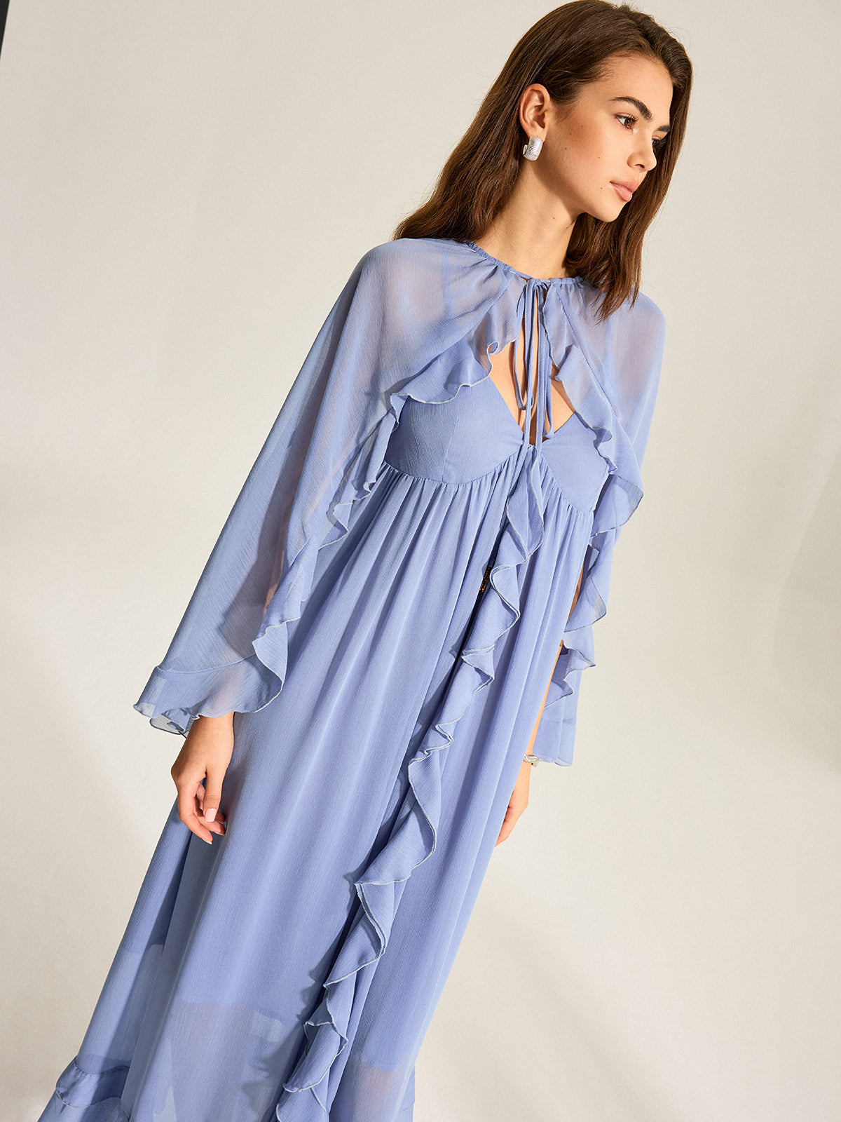 Semi-Sheer Cape Two-Piece Ruffled Chiffon Dress