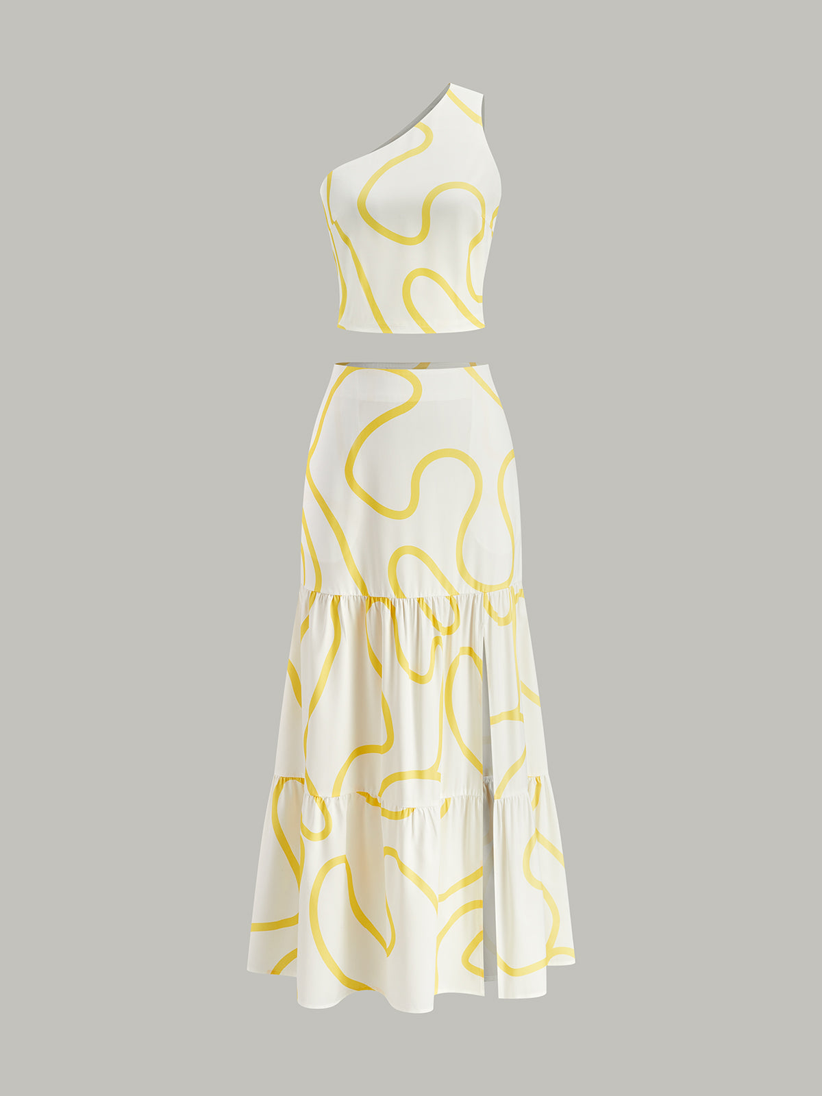 Ensemble crop top asymétrique à imprimé abstrait et jupe maxi à volants 