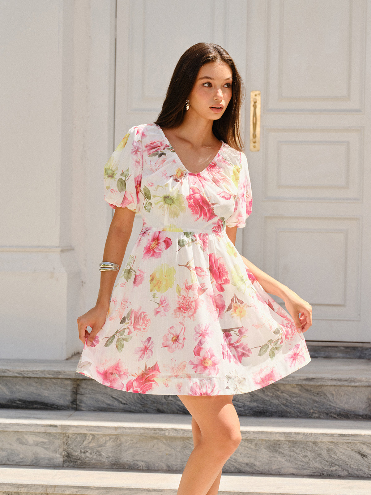 Floral Print Puff Sleeve Dress