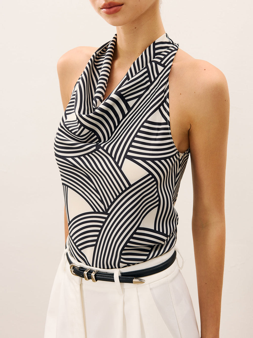 Abstract Stripe Print Cowl Neck Halter Top