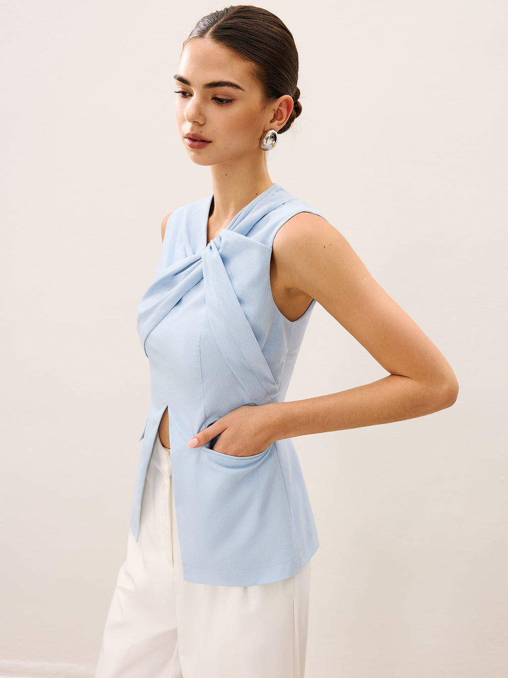 Gilet plissé sans manches en lin et coton