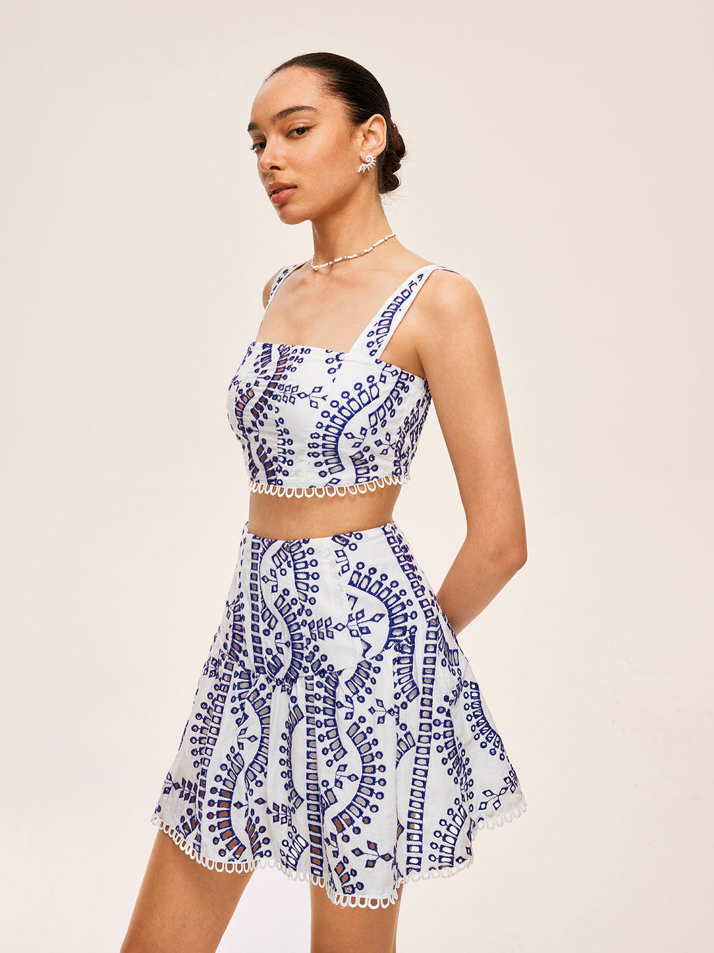Embroidered Lace Trim Skirt Set