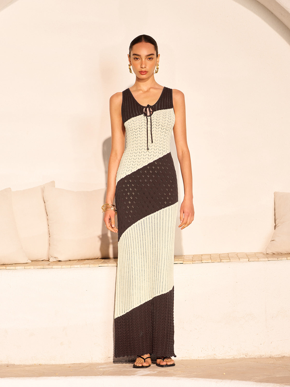 Two-Tone Crochet Front Tie Knit Dress