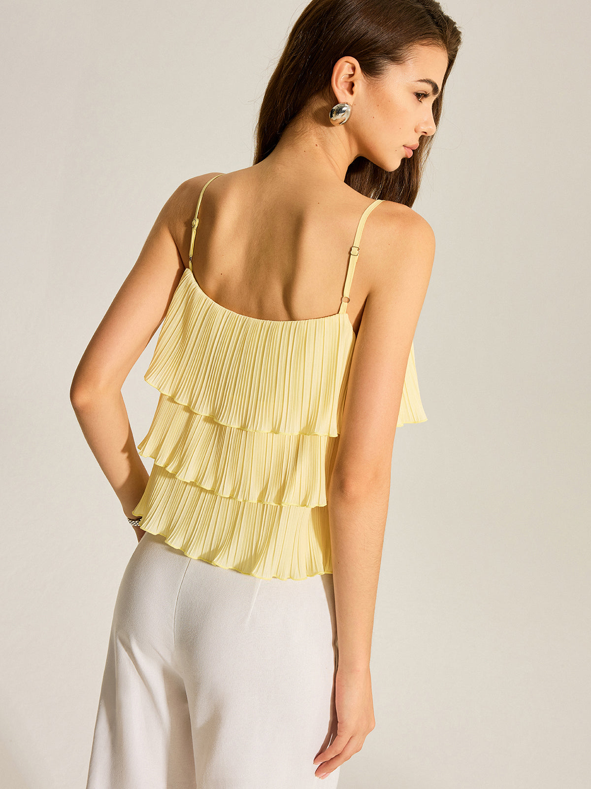 Beaded Strap Tiered Pleated Cami Top