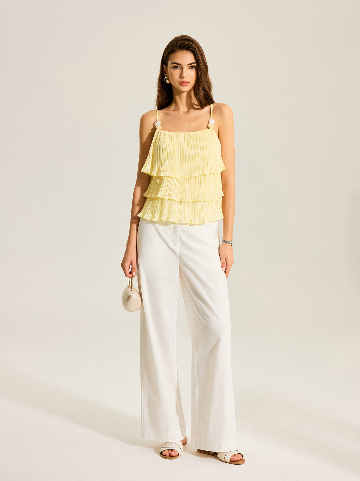 Beaded Strap Tiered Pleated Cami Top