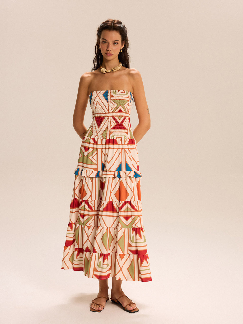 Robe longue bustier étagée à blocs de couleur