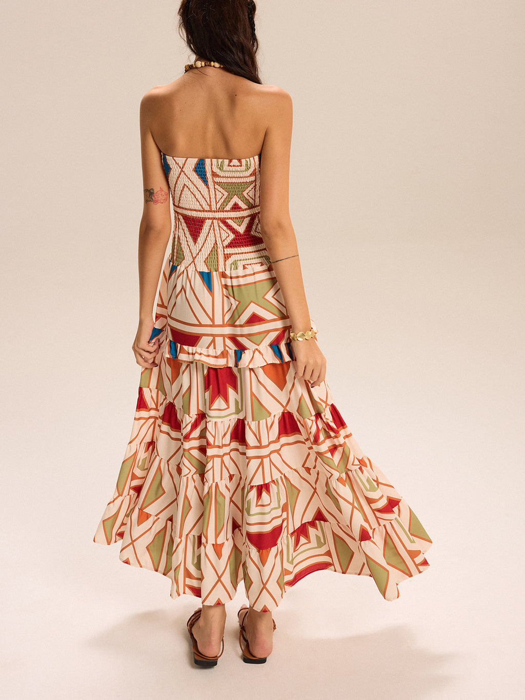 Robe longue bustier étagée à blocs de couleur