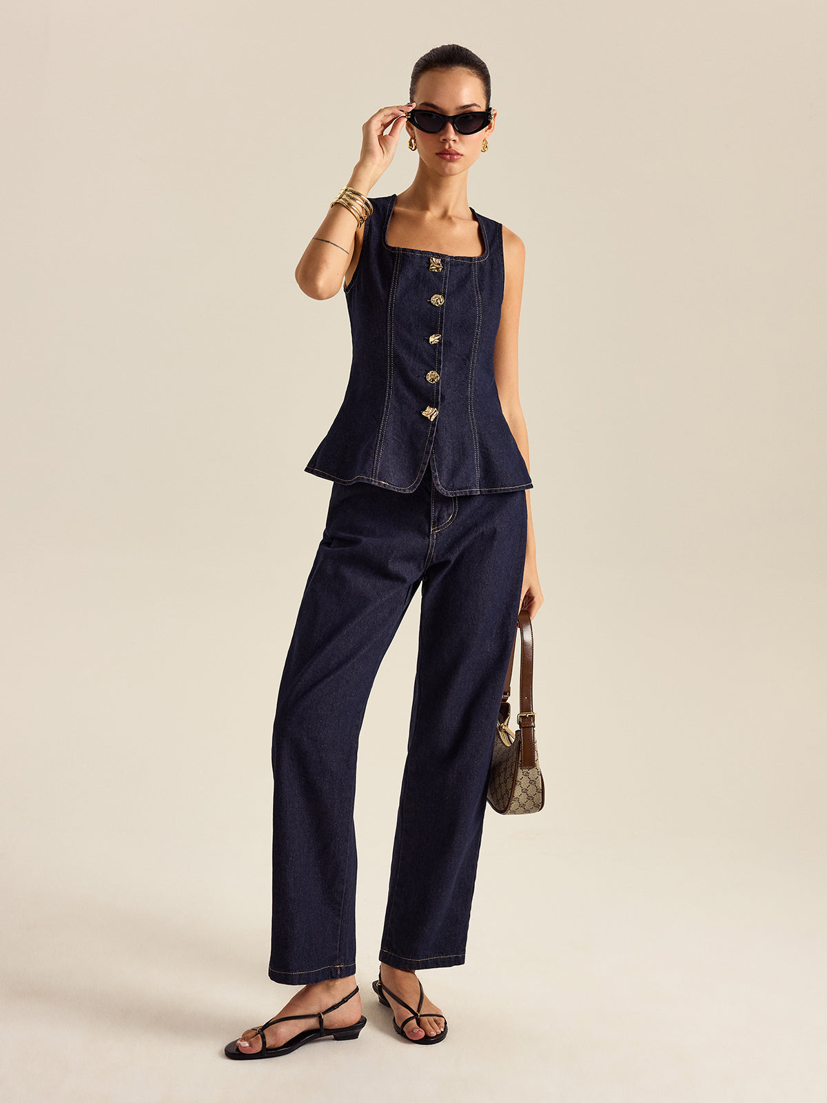 Ensemble Top Peplum et Pantalon en Jean avec Boutons Métalliques