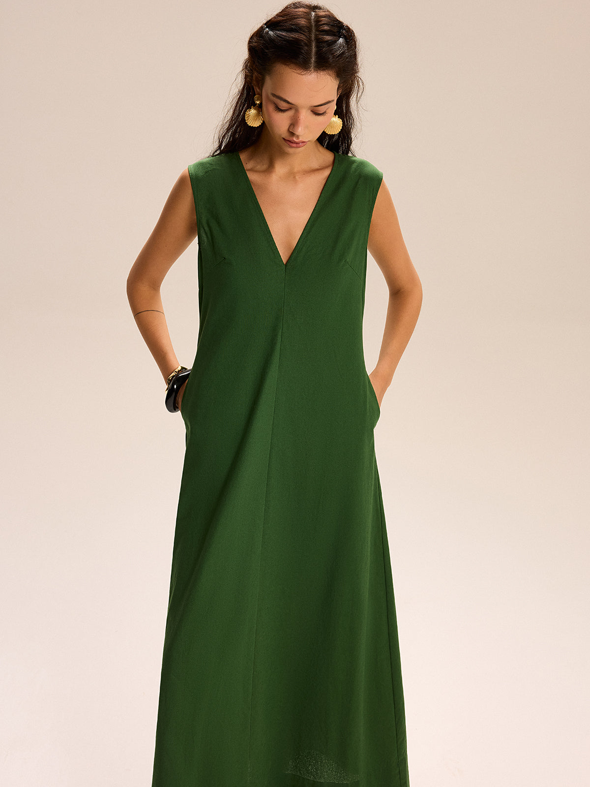 Leinen & Baumwolle Maxikleid mit V-Ausschnitt und Taschen