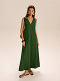 Leinen & Baumwolle Maxikleid mit V-Ausschnitt und Taschen