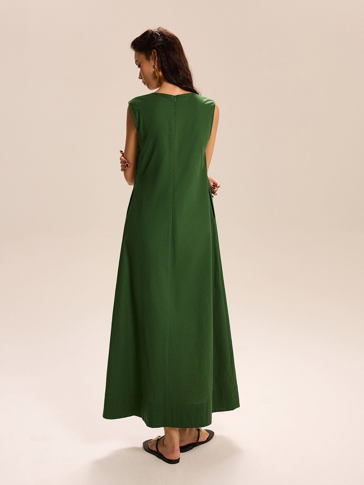 Leinen & Baumwolle Maxikleid mit V-Ausschnitt und Taschen