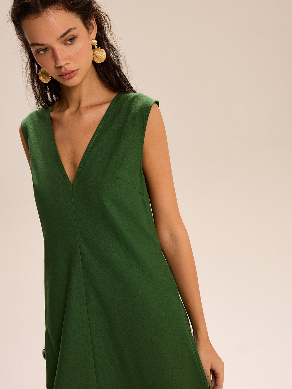 Leinen & Baumwolle Maxikleid mit V-Ausschnitt und Taschen